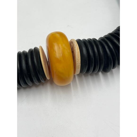 Vintage Black Bakelite Disc Necklace Butterscotch Amber Accent Statement Jewelry - Picture 10 of 13